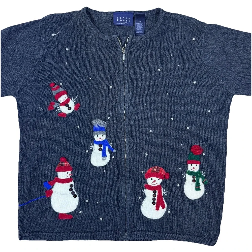 Vintage 1990s Crazy Horse Snowman Mittens Christmas Granny Teacher Cardigan Sz M
